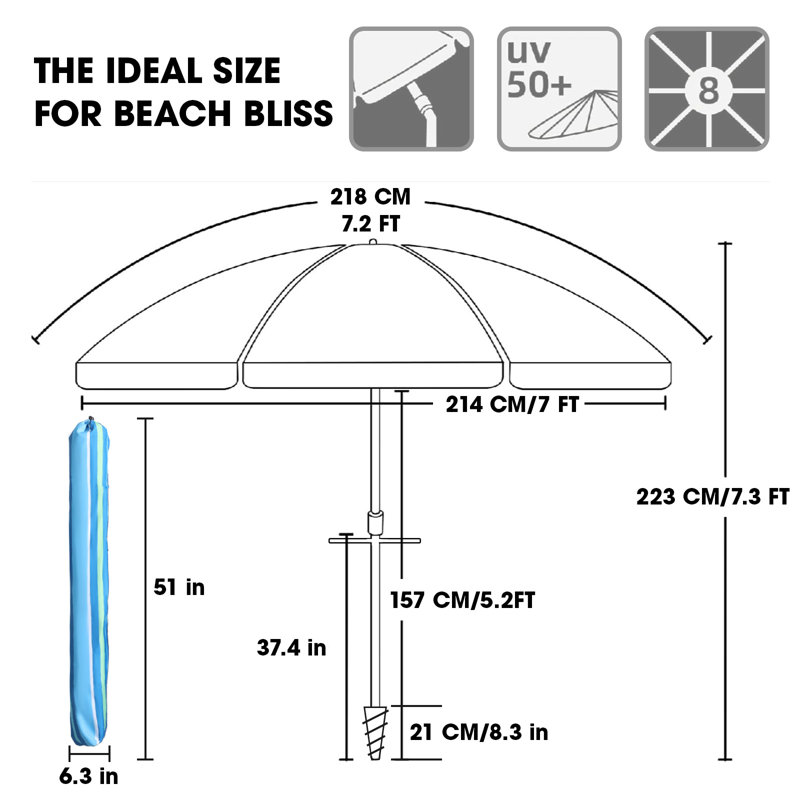 Parasol de plage inclinable 84 po, Bleu / rayures vertes