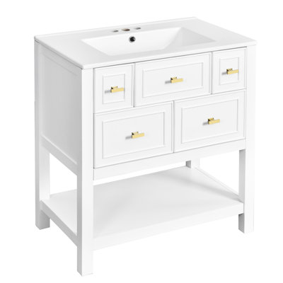 Meuble-lavabo de 60 pouces, aspect moderne blanc, lavabo en céramique, meuble-lavabo simple avec tiroirs et tablettes, bois massif pour une organisation fiable, débordement en métal à trois trous pré-percé