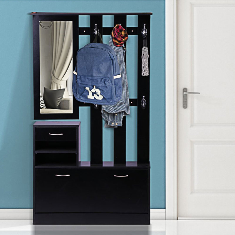 Trois-en-un modèle de barrière avec armoire à chaussures + tablette suspendue + miroir, Blanc mat
