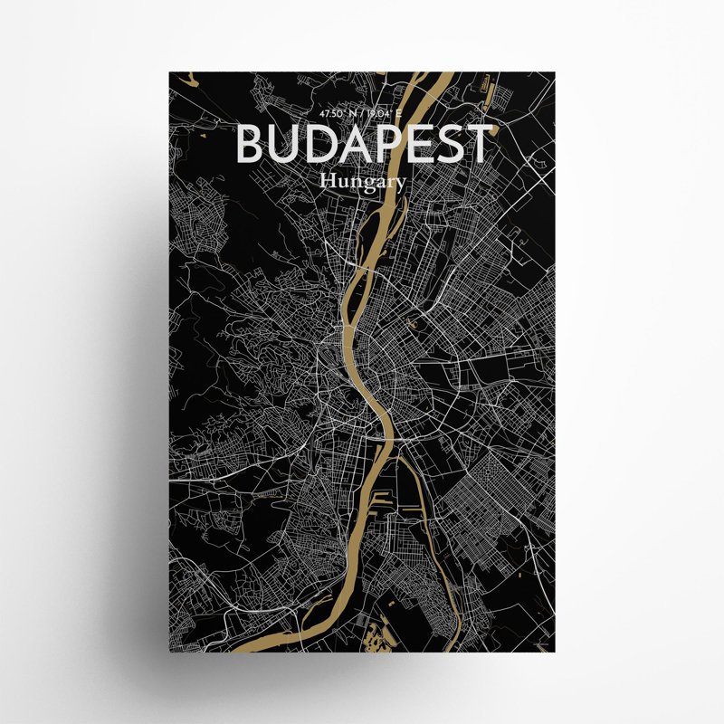 Carte de la ville de Budapest, impression, Luxe, H 36 po x l 24 po x P 0,05 po