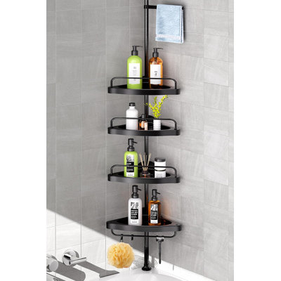Barre de tension de coin pour chariot de douche: Organisateur de douche réglable en acier inoxydable avec tablette à 4 niveaux pour shampooing pour baignoire de salle de bain - Noir
