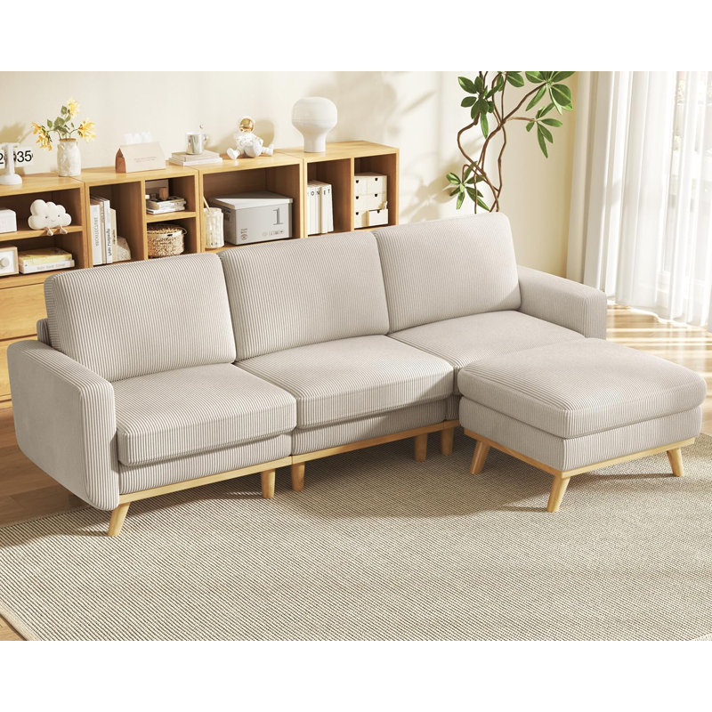 Modular Corner Sofa, L-shaped Couch With Movable Ottoman, Comfy Corduroy Couch With Spring Cushion, Light Grey