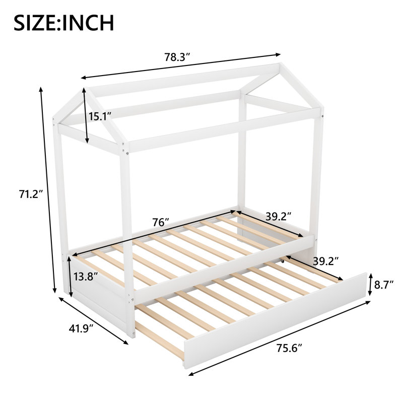 Elric House Bed With Trundle and Customizable Decor Options, Twin, White