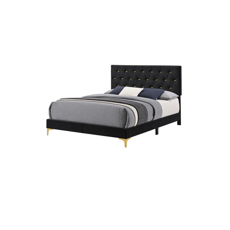 Ensemble de chambre à coucher Queen, noir et or, ensemble de 2 pièces avec table de chevet, Black, Gold