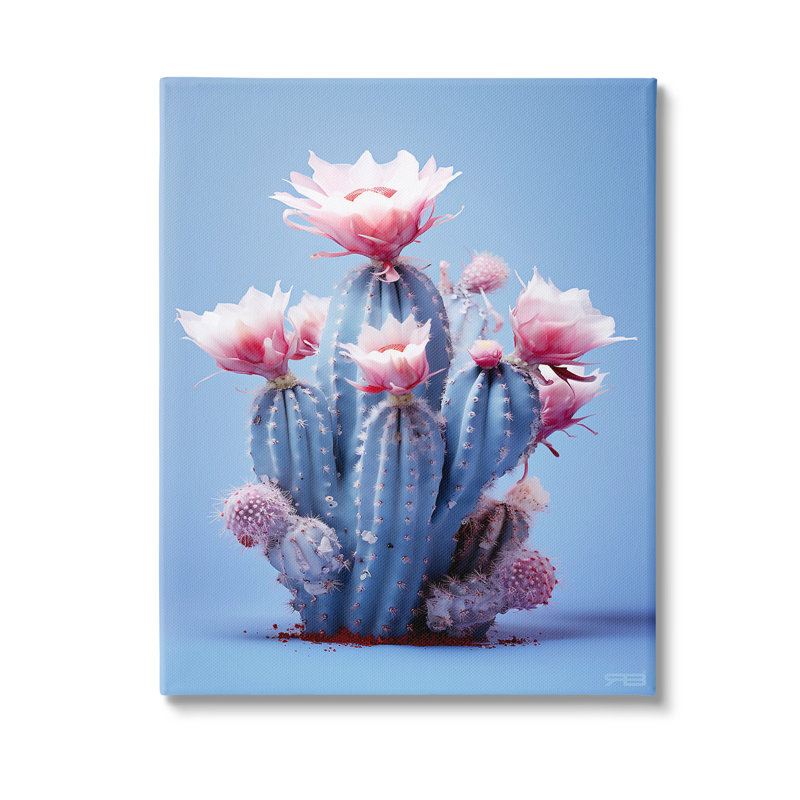 Conception d'art sur toile rose et bleu avec fleurs de cactus par Rb, H 48 po x l 36 po