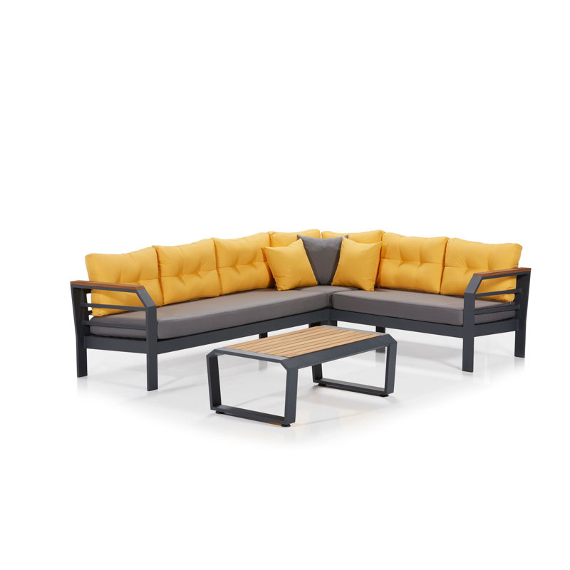 Modern Garden Lounge Set with Corner Sofa & Coffee Table, Grey/Yellow/Black | 100% Aluminium Frame, 100% Acrylic Fabric, 28 DNS Foam Cushions | Sofa: 90.6 x 108.3 x 30.3 in, Table: 43.3 x 25.6 x 15.7 in | Max Weight Capacity: 1102 lbs, Easy Clean Design