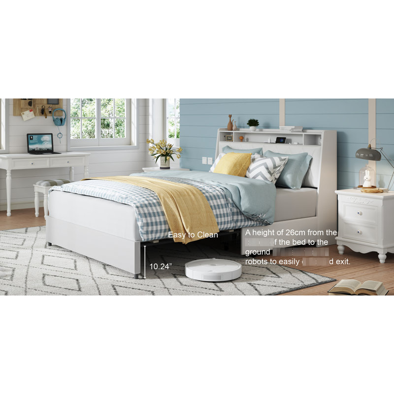 Base de lit plateforme grand avec tablette de tête de lit en métal confortable et ergonomique, Blanc
