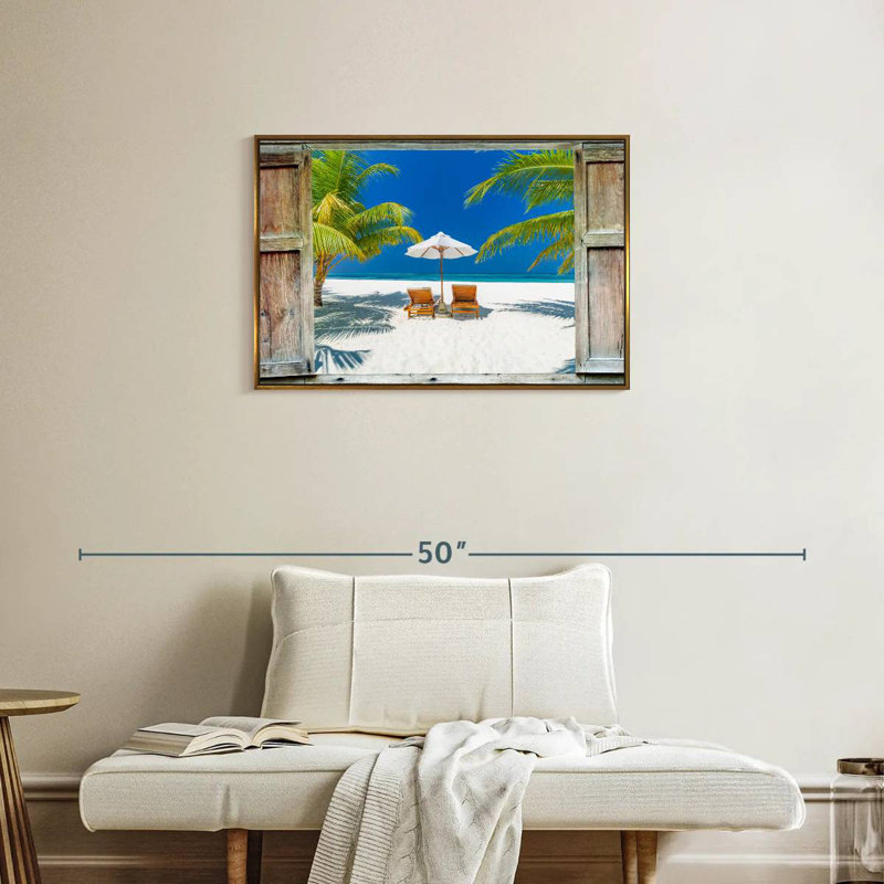 Fenêtre sur la côte des Maldives, Cadre flottant doré, 31 po x 21 po