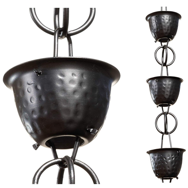 Black Hammered Aluminum Rain Chain with Large Cups, 8.5 ft