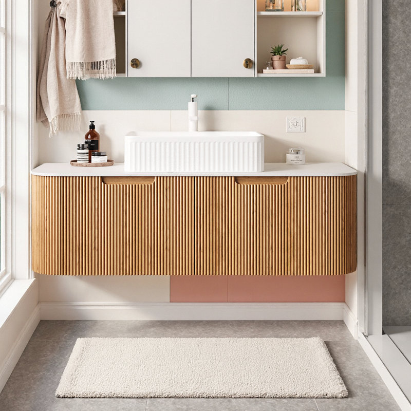 Meuble-lavabo flottant 48 po avec rebords courbés et lavabo en céramique 48 po, Bois naturel