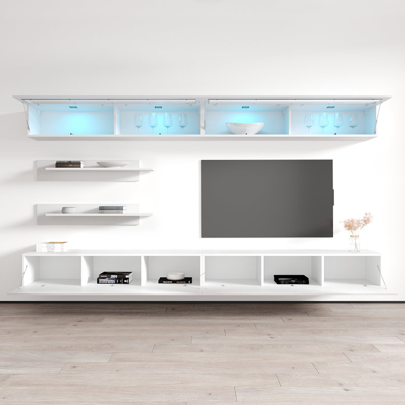 Waconia 126" Modern Floating Wall Mounted Entertainment Center with 16-Color LED Lighting, High Gloss Finish, White
