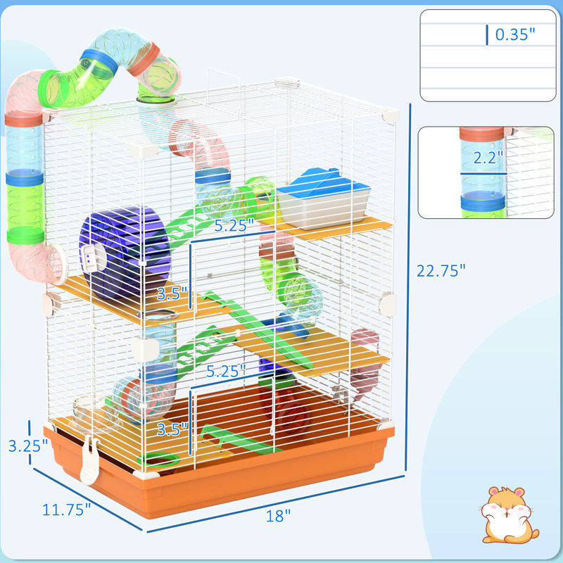 Résidence de hamster orange à 5 niveaux avec tubes, tunnels, poignée portative, plat à nourriture, bouteille d'eau, roue d'exercice pour petits hamsters et enceinte orange de 18 po
