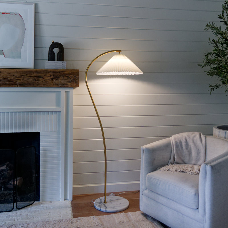 Athena 60" Japandi-Inspired LED Gold Floor Lamp With White Pleated Shade And Real Marble Base