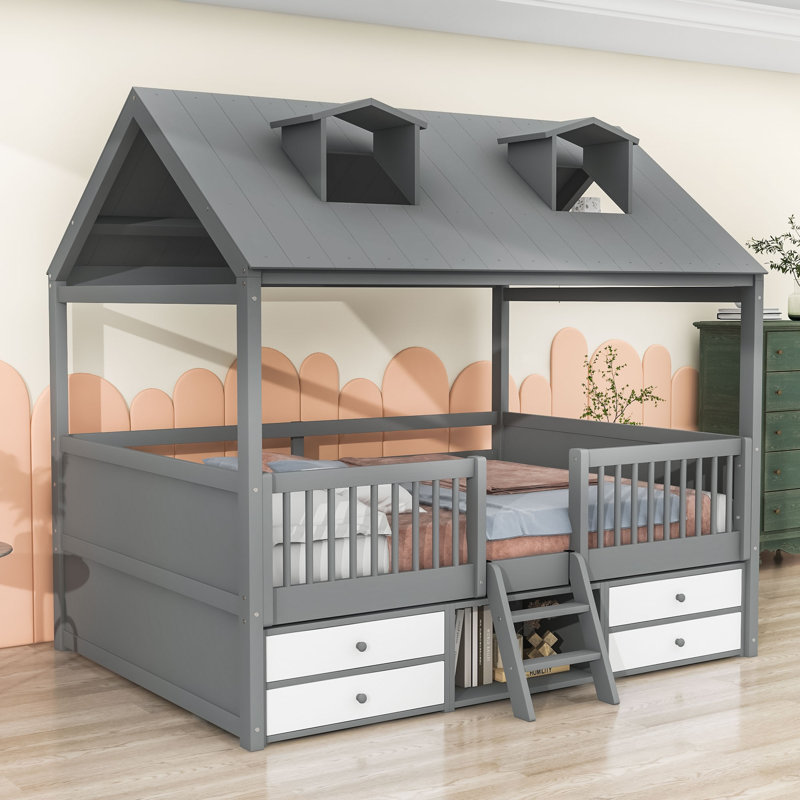 Enchanteur lit en bois avec lanterneaux et échelle, Gris, Double