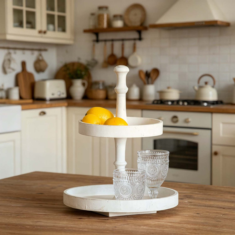 Versatile Two-Tiered Round Wooden Tray, White Finish for Elegant Display and Serving, Ideal for Home Decor and Entertaining.