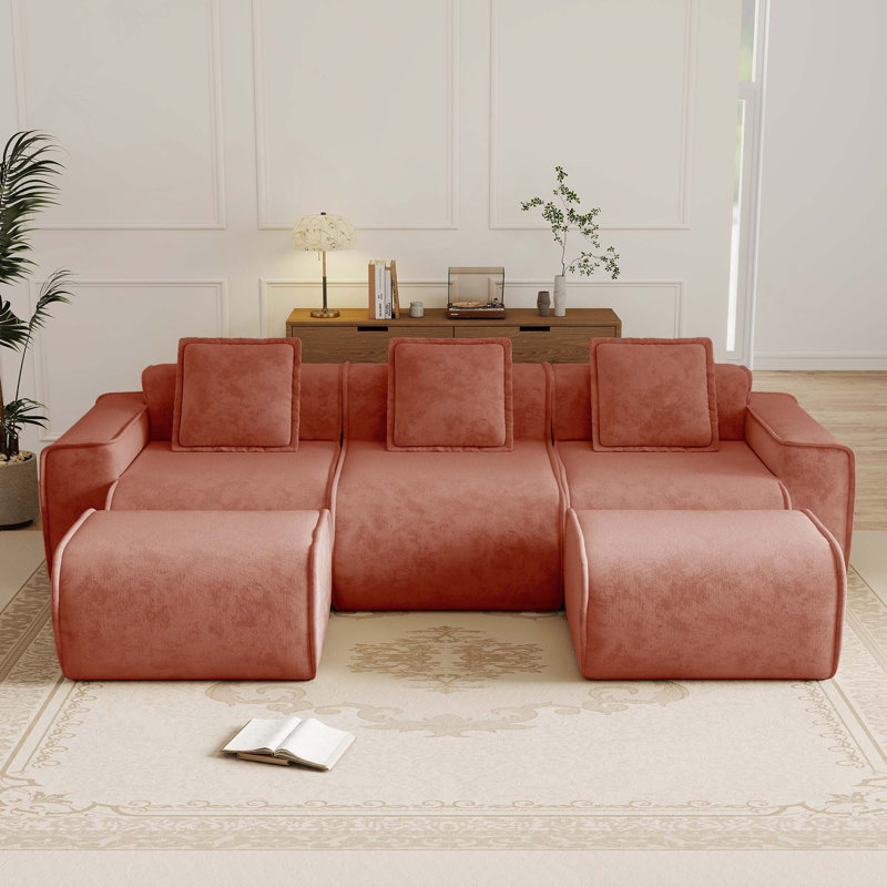 Canapé modulaire en velours 3 places avec coussins décoratifs et 2 repose-pieds, Red Velvet, 31.1" H x 108.66" W x 59.84" D