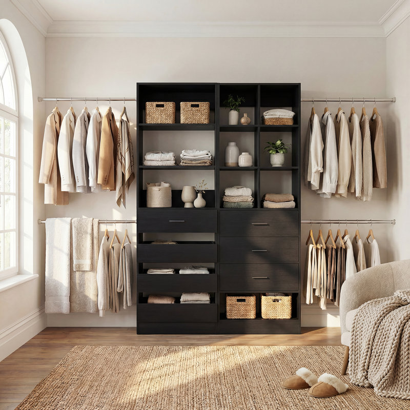 Modular Walk-In Closet System With 4 Hanging Rods, 3 Shelves & 7 Drawers - Versatile Storage Solution, Black