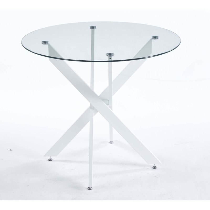 Round Dining Table with cross metal leg and tempered glass, White, 29.13''H x 35.43''L x 35.43''W, Transparent