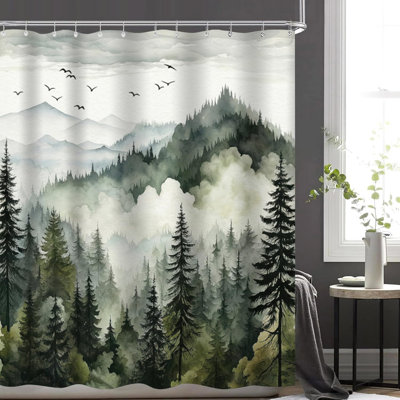 4Pcs Green Misty Forest Shower Curtain Set With 12 Hooks Non-Slip Rugs,Toilet Lid Cover And Bath Mat,Nature Tree Mountain Bathroom Decor For Hotel & Home Bathroom