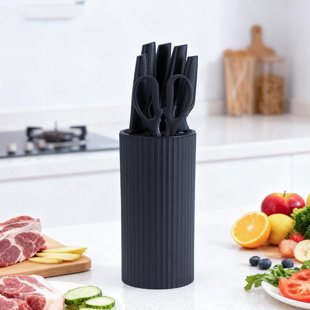 RAINBEAN Kitchen Knife Set With Block, 7-Piece Stainless Steel Knife Set With Scissors, Black