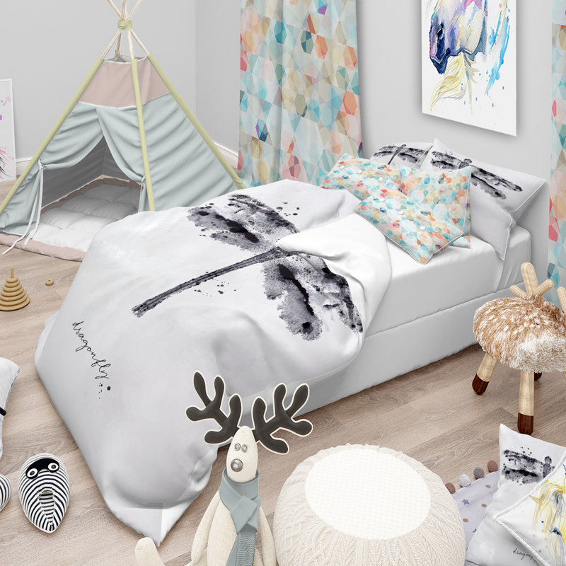 Ensemble de housse de couette designart monotype libellule, Housse de couette grand + 2 taies décoratives