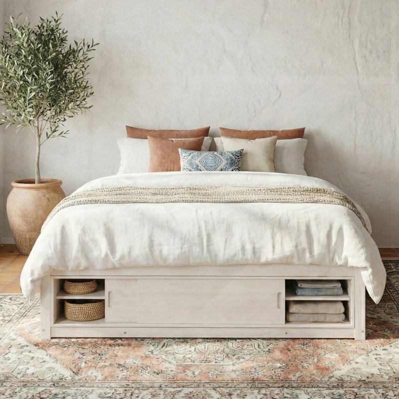 Queen Size Platform Bed Frame With 4 Storage Drawers; Slat Kit And Footboard Storage Cubby, No Headboard, Modern Space-Saving Design