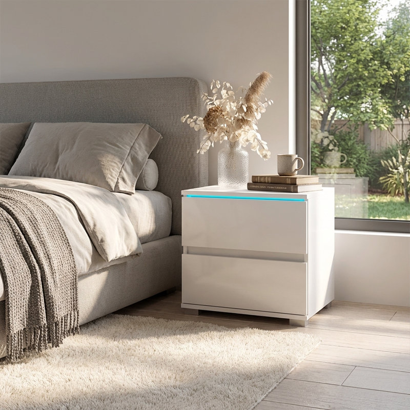 Astorga 19.7" Nightstand with 16-Color LED Lighting, High Gloss Finish, White