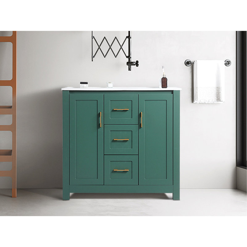 Meuble-lavabo de 36 po avec lavabo en céramique, armoire à 2 portes et tiroirs, fermeture en douceur, installation moderne, tiroirs sous-comptoir, choix élégant