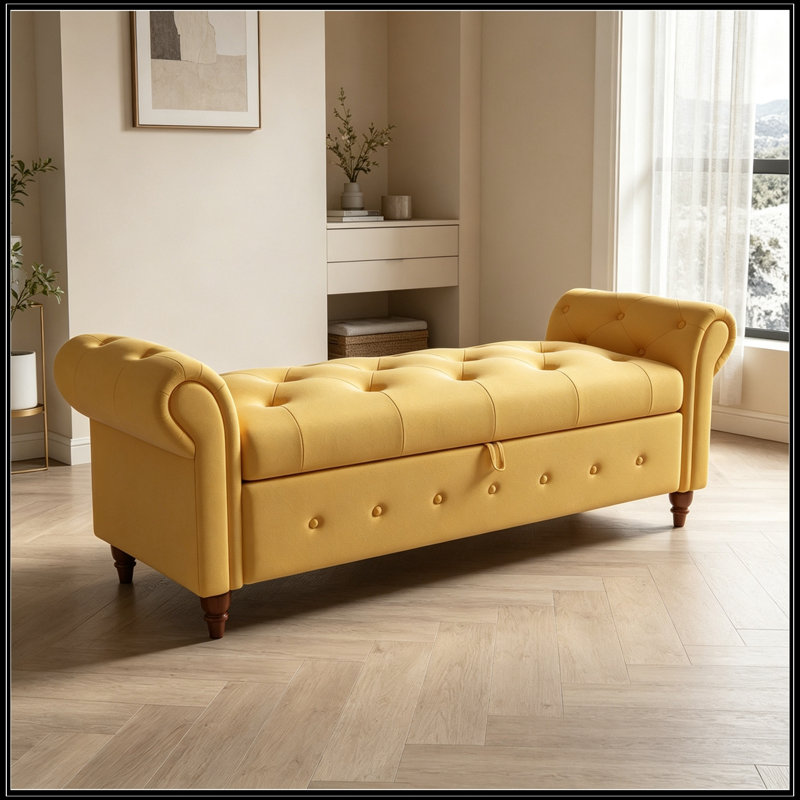 Banc avec siège capitonné et accoudoirs, Jaune