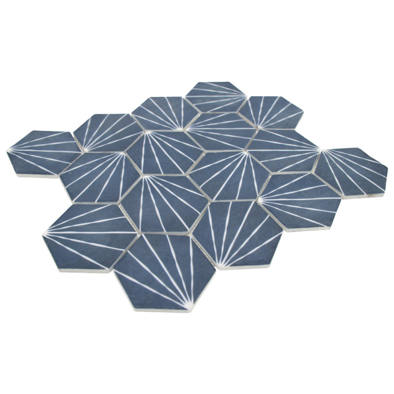 11.8" x 10.2" Art Deco Hexagon Recycled Glass Floor & Wall Mosaic Tile, Blue