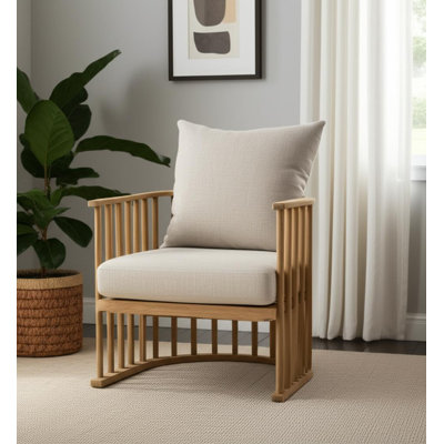 Fauteuil demi-tonneau en bois massif et beige 31 po