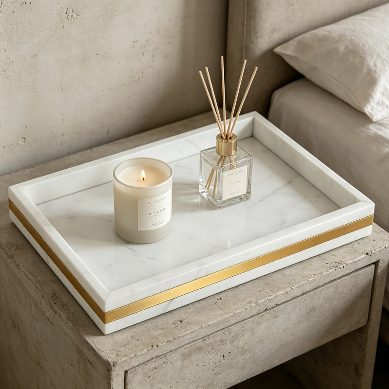 Natural Marble Vanity Tray With Gold Trim, Luxury Bathroom Countertop And Dresser Organizer For Jewelry Perfume Decor