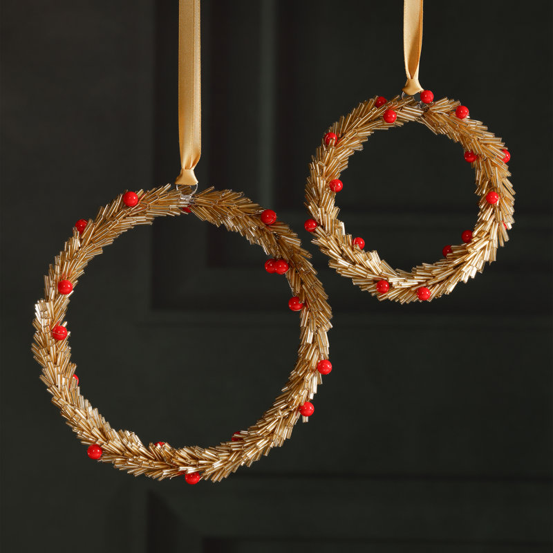 Ornements suspendus festifs en forme de couronne de Noël avec baies, ensemble de 12, Doré, H 6 po x l 6 po x P 0,75 po
