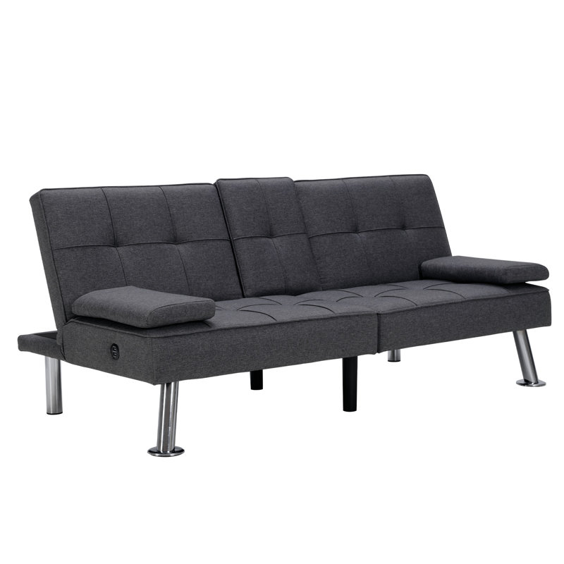 Canapé-lit convertible Meilin de 65,4 po de large avec console et port USB (ensemble de 2), Mélange de polyester gris