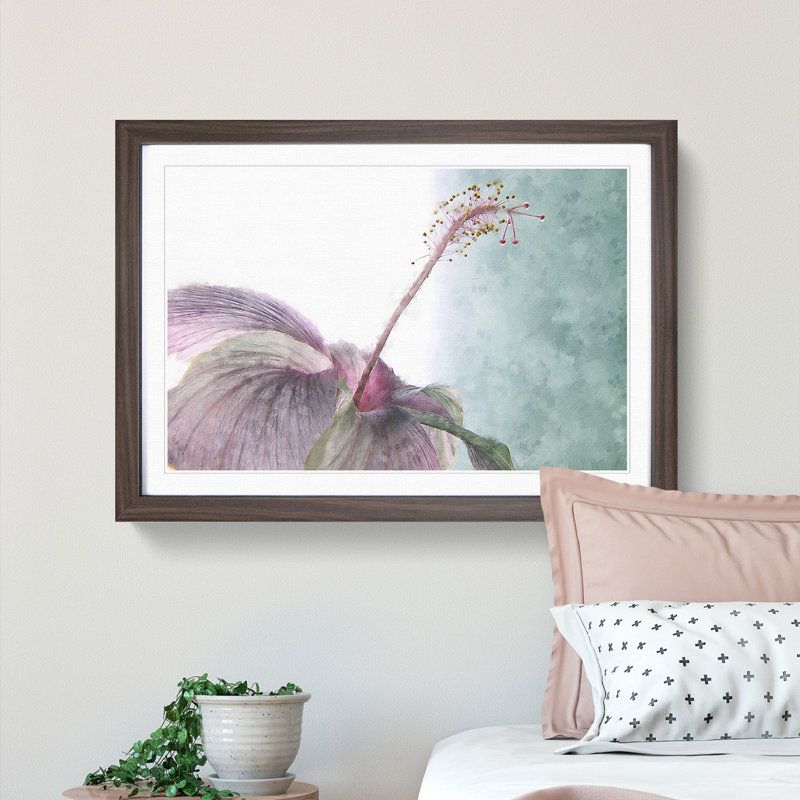 Pink Hibiscus Flower - Picture Frame Graphic Art Print, 24cm H x 33cm W x 2cm D, Walnut