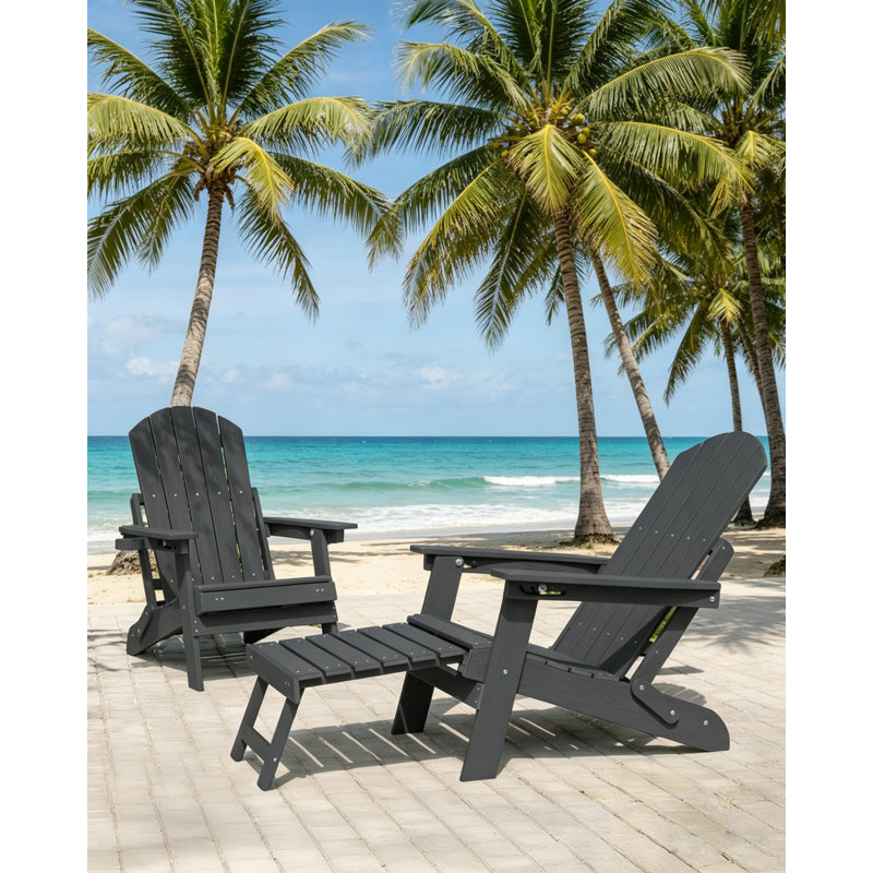 Folding Adirondack Chair Outdoor HIPS Adjustable Adirondack Chair with Footrest and 2 Cup Holder 5-Level Adjustable Patio Chair for Lawn, Poolside, Patio, Dark Gray
