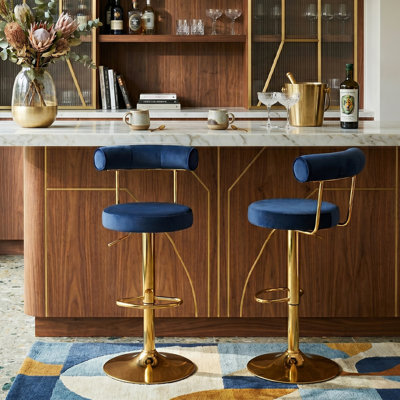 Modern Velvet Upholstered Swivel Adjustable Bar Stools with Gold Chrome Base