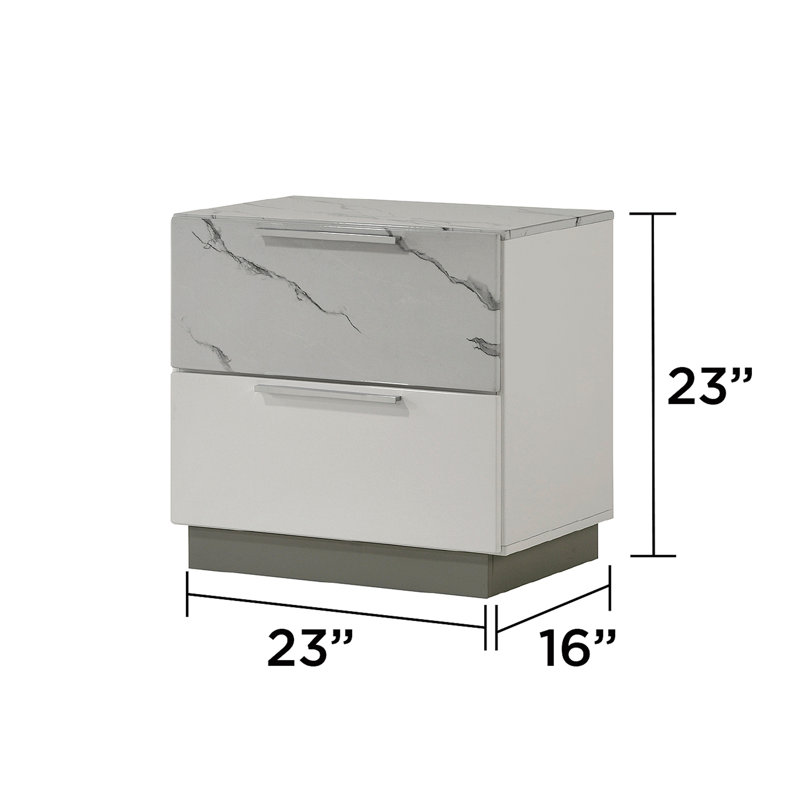 Table de chevet Mist - Marbre et laque bicolore ultrabrillant avec deux tiroirs, intérieur doublé de velours et un design élégant et compact (NJ Stock)