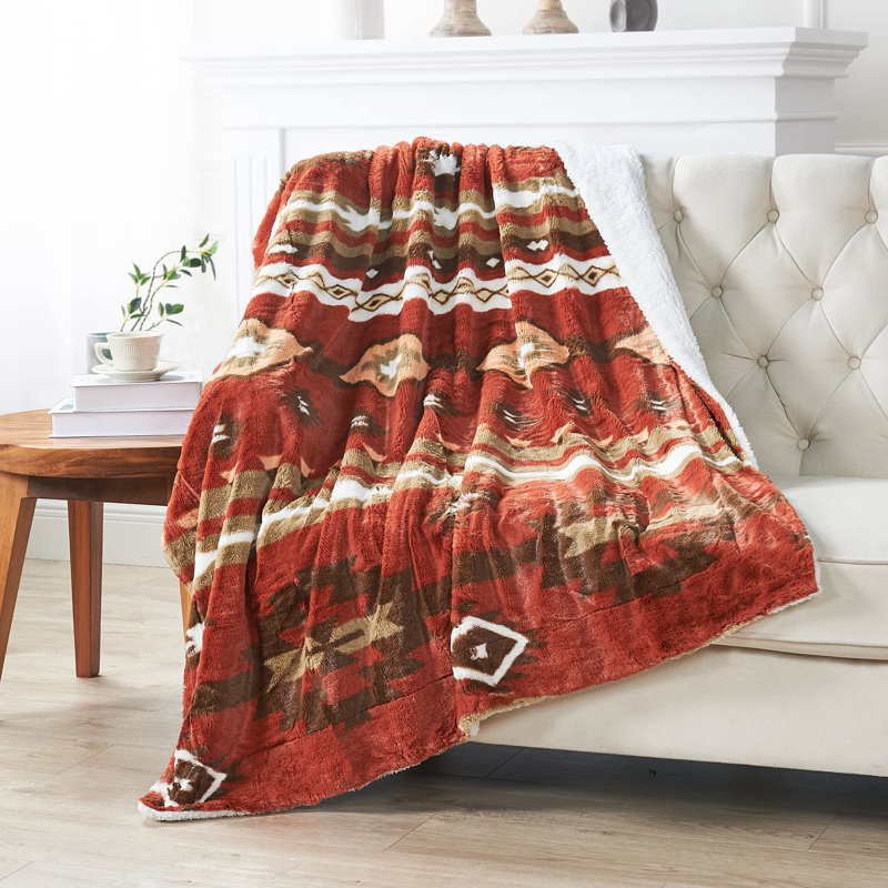 Southwest Faux Fur Sherpa Throw Blanket, Rouge brique, L 60 po x l 50 po