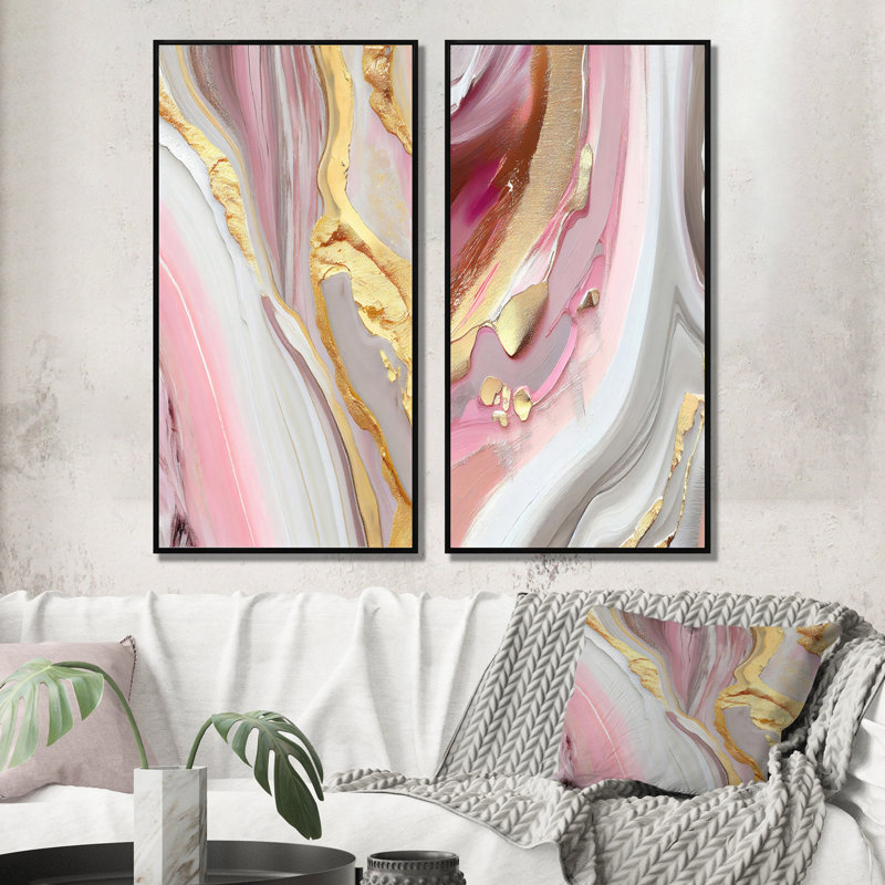 «Pink and Gold Marble Abstract III», 2 pièces sur toile, H 32 po x l 32 po, Cadre noir