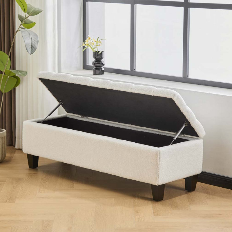 Boucle Upholstered Bench with Rubber Wood Legs,, Beige