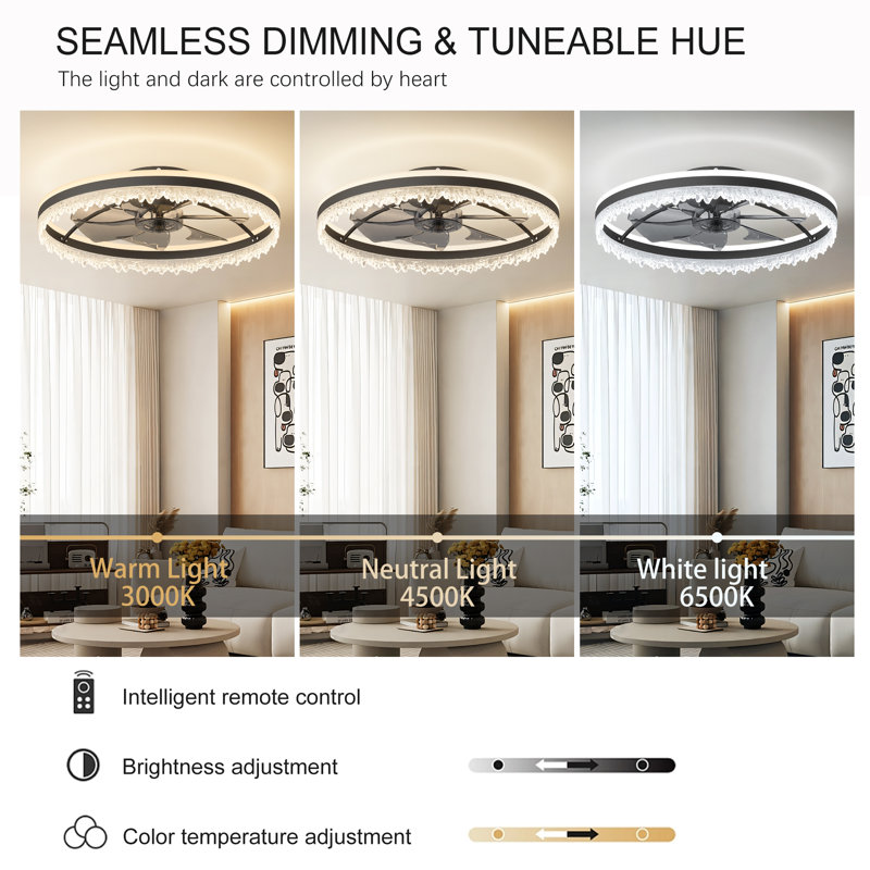 Ventilateur de plafond moderne en cristal avec lumière et télécommande, DEL à intensité variable, moteur silencieux