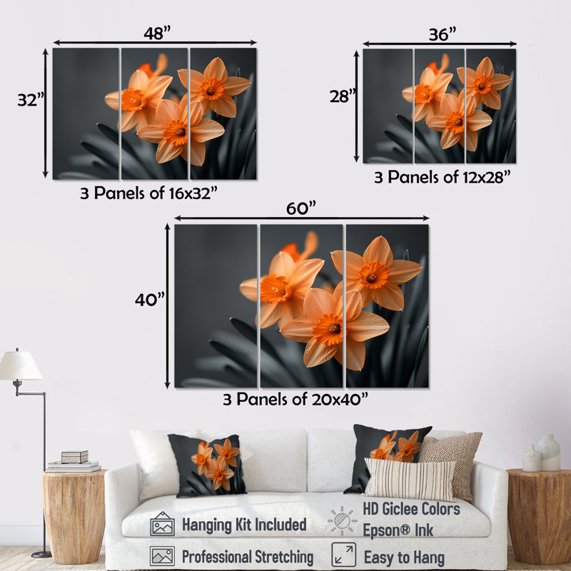 Monochromes tournesol sourire jonquilles I - ensemble d'art mural jonquilles, H 28 po x l 36 po x P 1 po, Toile tendue