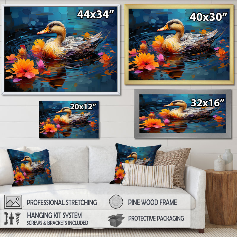 «Yellow and Blue Duck» par The Floral Pound I - Art mural animal canard, Cadre d'angle fermé doré, H 12 po x l 20 po x P 1 po