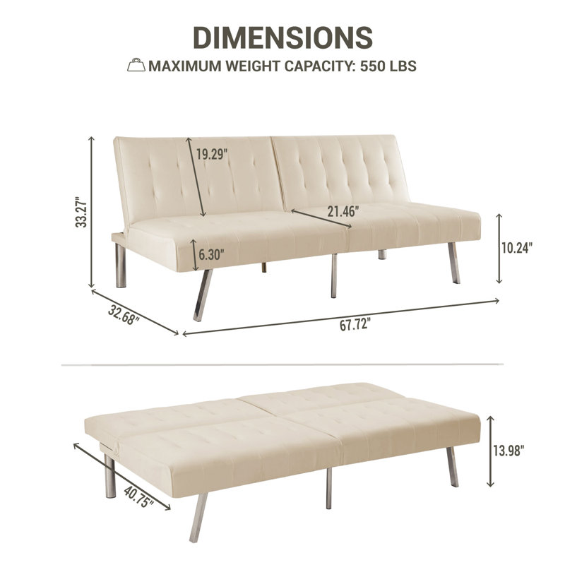 Canapé-lit futon de 68 po avec pieds en métal Blathnat, 100 % lin crème