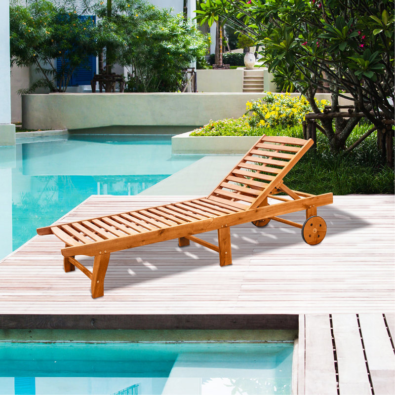 Outdoor Folding Chaise Lounge Chair Recliner With Wheels, Acacia Wood Frame - Teak Color