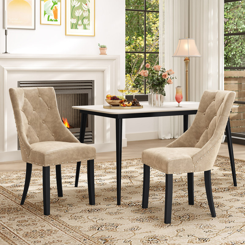  Upholstered Dining Chairs Set Tufted Wingback Chairs w/ Solid Wood Legs, 2