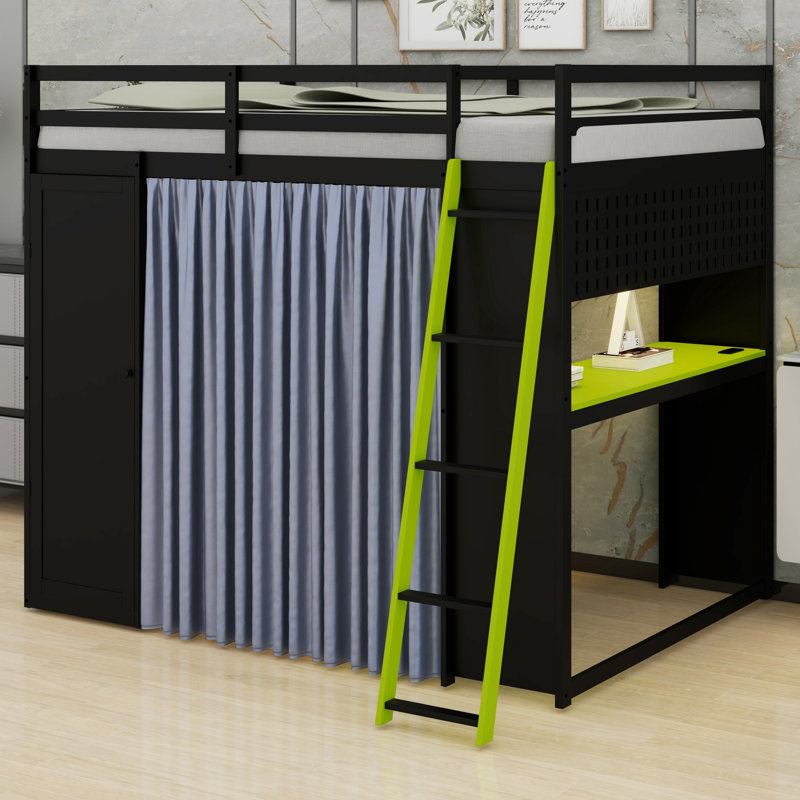 Structure de lit mezzanine en bois peu encombrante avec garde-robe intégrée, tablettes de rangement, rideaux occultants et lumières RVB