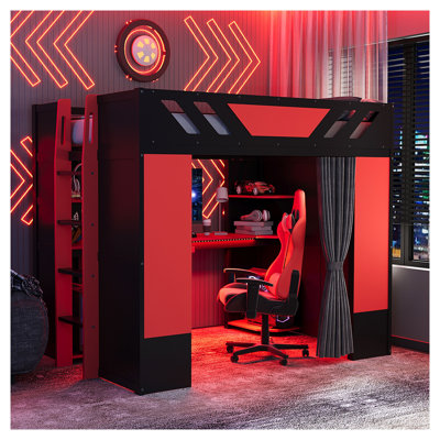 Lit mezzanine double avec bureau, tablettes et lumières RVB - Ensemble de chambre à coucher avec rideaux occultants Gamer