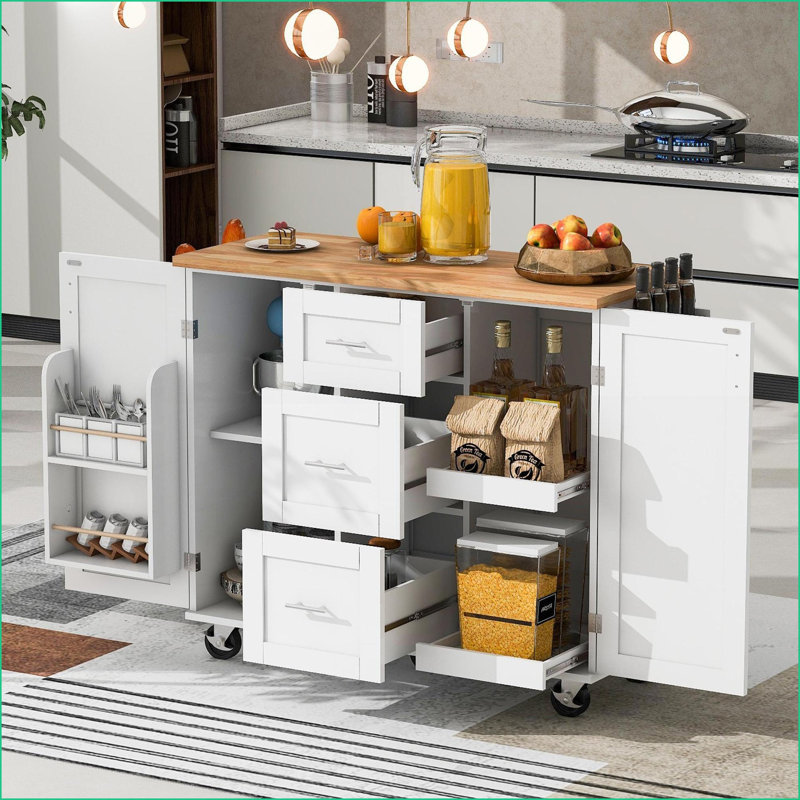 Kitchen Island with Storage, Rolling Cart with Rubber Wood Top, 3 Drawers, 2 Slide-Out Shelves, White | MDF | Medium (40-55in)